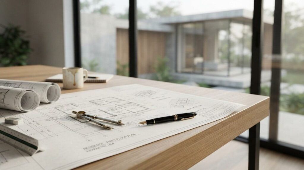 Architectural blueprints for a residential first-floor plan spread across a wooden drafting table, accompanied by a drafting compass, fountain pen, and rolled plans with a modern home exterior visible through large windows in the background.