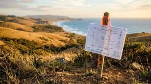 Land survey stake marked Lot 14 with a plot map attached, overlooking rolling coastal hills and the ocean coastline at golden hour