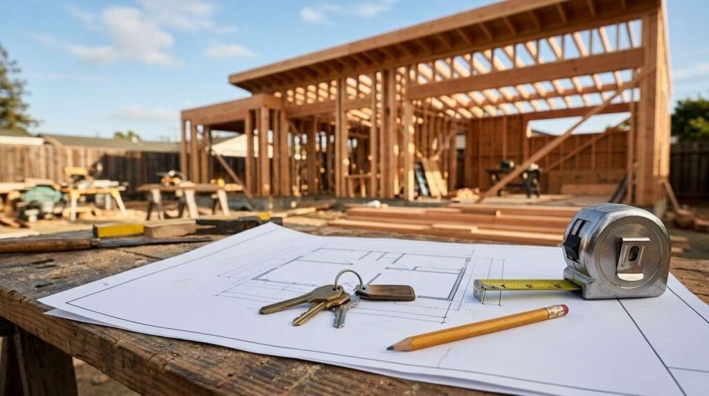 Architectural floor plan blueprints with house keys, a pencil, and a tape measure resting on a wooden sawhorse table in front of an active timber-framed ADU under construction