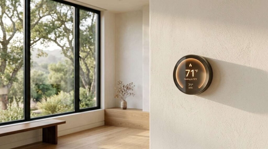 Modern round smart thermostat mounted on a textured beige wall displaying 71°F heating status in a minimalist interior with a large garden window