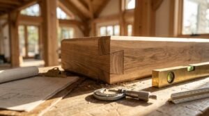 Carpentry workbench showcasing a precise wooden dovetail joint sample, a brass spirit level, a micrometer, a scale ruler, and an architectural drawing on a clipboard inside a timber-frame building under construction.