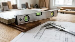 A metal spirit level resting on wood siding and insulated panel samples beside a vernier caliper on an architectural wall cross-section blueprint in a woodworking workshop
