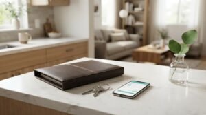 A brown leather homeowner manual binder, keys, a smartphone displaying a smart home app, and a small glass bud vase on a white marble countertop in a bright open-concept ADU interior