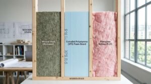 "A cutaway wood stud wall display comparing three building insulation types: olive-green mineral wool (Rockwool), light blue extruded polystyrene (XPS) foam board (R-5), and pink fiberglass batting (R-21) in an architectural