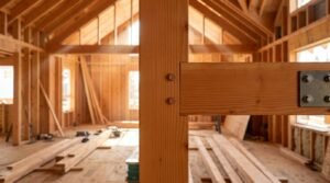 Close-up of a wooden beam mortise and tenon joint secured with wood pegs inside a timber-frame house under construction