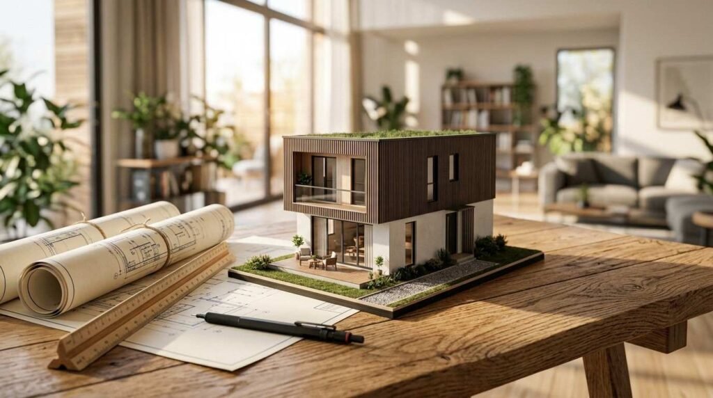 A modern two-story architectural scale model featuring vertical wood cladding and a green roof resting on blueprints alongside rolled plans and drafting tools on a sunlit wooden table