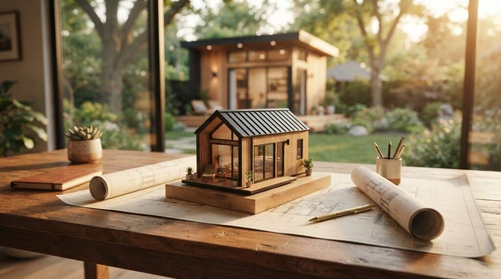 A detailed architectural scale model of a modern timber ADU tiny home resting on house blueprints on a wooden desk overlooking a backyard garden studio