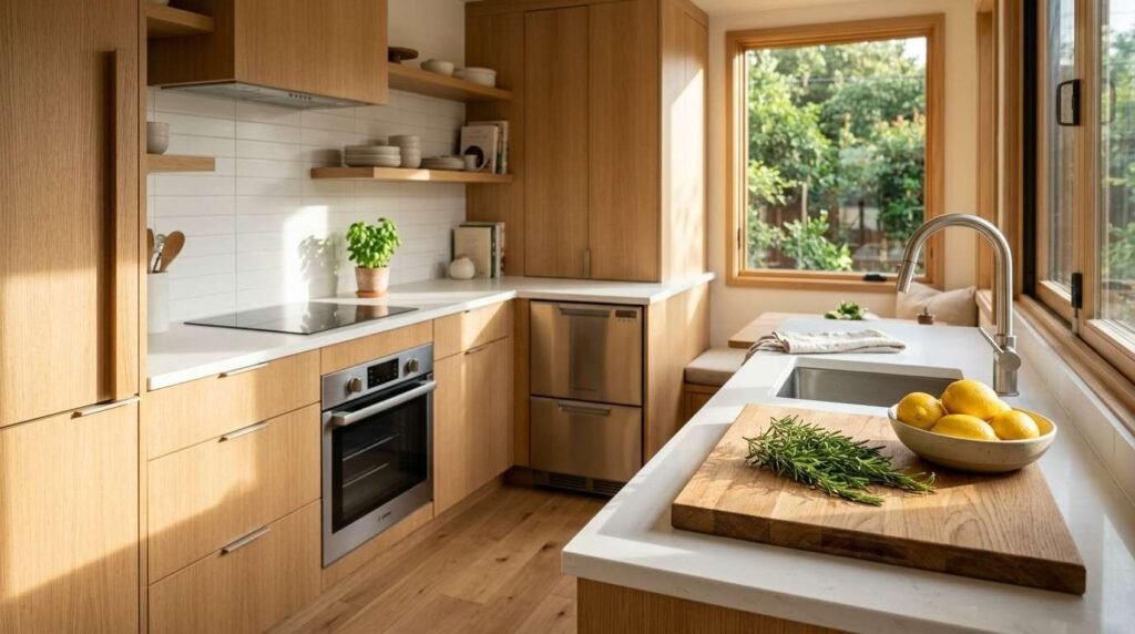 A modern Scandinavian-style kitchen with natural oak flat-panel cabinetry, white quartz countertops, stainless steel appliances, and fresh rosemary with a bowl of lemons on an island cutting board beside a sunny window
