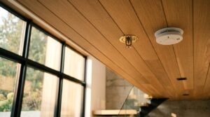 A brass fire sprinkler head and a white smart smoke detector installed on a modern slatted wood ceiling next to large black-framed windows