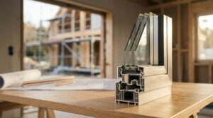 Cross-section sample of a triple-pane window profile showing multi-chamber frame construction and triple glazing on a desk with architectural blueprints.
