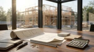 Wooden office desk featuring architectural floor plans, a calculator, a scale ruler, and material samples overlooking a residential wood-framing construction site through large windows.