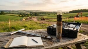 A soil core sample in a transparent vertical cylinder, a soil testing kit case, a sampling auger, and an open field notebook with a pen on a wooden table, set against a rolling countryside landscape under construction.