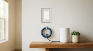 A minimalist smart home touch control panel flush-mounted in a white wall above a coiled blue Ethernet cable, a white cylindrical smart hub router, and a small potted succulent on an oak shelf