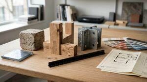 Architectural material samples including timber joinery, concrete cube, steel bracket, color swatches, and floor plans on a desk
