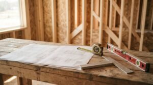 Architectural framing blueprints laid flat on a rustic wooden workbench with a tape measure, try square, and red Stabila spirit level inside a wood-framed house under construction