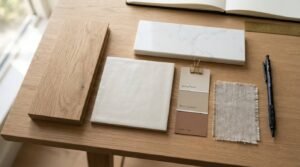 A top-down view of an interior design material palette featuring an oak flooring plank, off-white ceramic tile, white marble quartz sample, earthy paint color chips, textured linen fabric swatch, and a mechanical pencil on a wooden desk