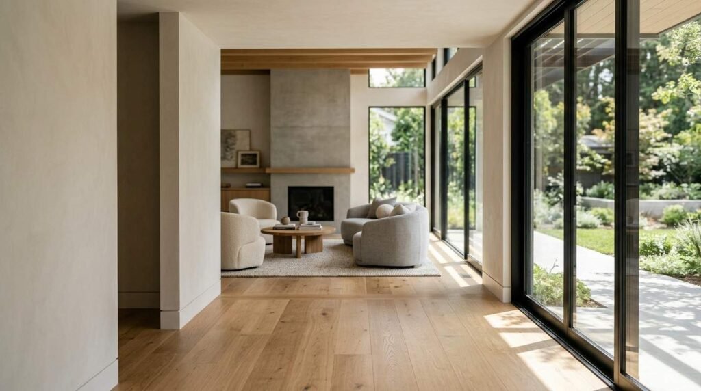 Hallway view looking into a open modern living room with light oak hardwood floors, concrete fireplace, curved armchairs, and floor-to-ceiling glass sliding doors