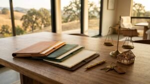 Wooden office table displaying stacked leather portfolio folders, a brass scale of justice, a miniature wooden house model, a pen, and keys with a sunny landscape view through large windows.