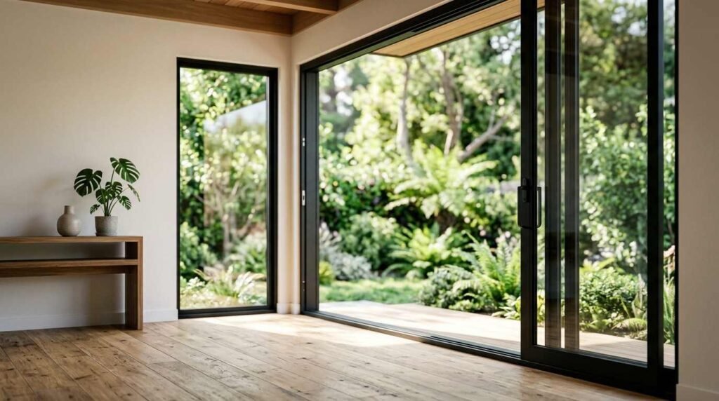 A bright modern living room with hardwood floors and black-framed sliding glass doors opening onto a sunlit wooden patio and lush green garden