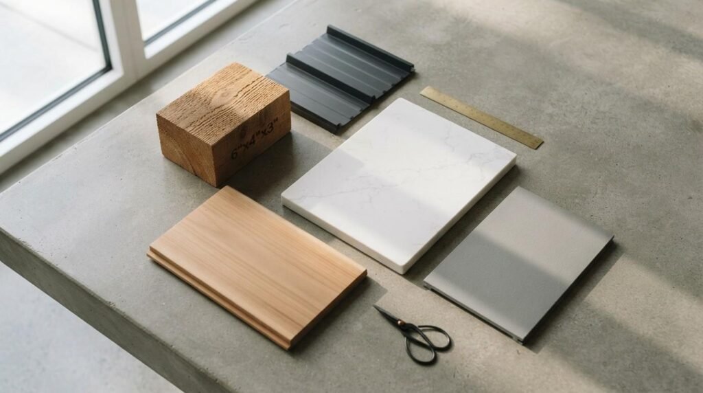 Architectural construction material flat lay featuring a rough timber block, standing seam metal roofing sample, white quartz slab, light wood plank, and grey tile on a concrete table