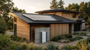 Modern sustainable residential home featuring solar panels on a dark metal roof, wood siding, a concrete accent wall, a home battery storage unit, stone pillars, and drought-tolerant landscaping.