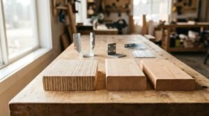 Wood construction samples showing cross-sections of engineered LVL, glulam timber, and solid dimensional lumber alongside metal framing connectors on a carpenter's workbench