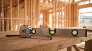 A metal tape measure extended on a wooden workbench next to an aluminum spirit level inside a house with exposed timber stud framing