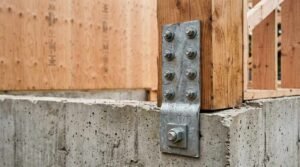 Heavy-duty steel holdown bracket anchoring a timber post to a concrete foundation wall with a large anchor bolt and heavy screws
