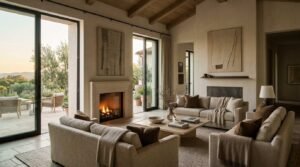 Warm living room with vaulted wood-beamed ceiling, stone fireplace, travertine coffee table, and neutral sofas framed by floor-to-ceiling glass patio doors