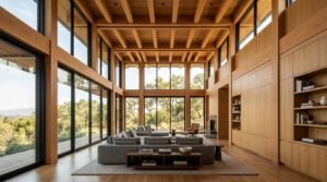 Modern luxury living room featuring high timber beam ceilings, built-in light wood cabinetry, a large grey sectional sofa, and double-height floor-to-ceiling glass windows overlooking a lush forest