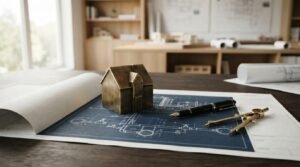 A miniature bronze house sculpture sitting on an unrolled mechanical blueprint beside an open fountain pen and a brass drafting compass in a bright architectural studio