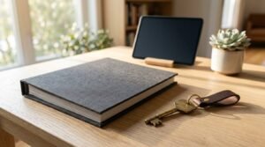 Grey hardcover book, vintage brass house key with a brown leather strap, tablet on a stand, and a small potted succulent on a sunlit wooden desk