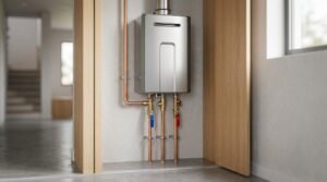 A modern wall-mounted tankless water heater with copper plumbing lines, service isolation valves, and stainless steel exhaust venting installed inside an open utility closet