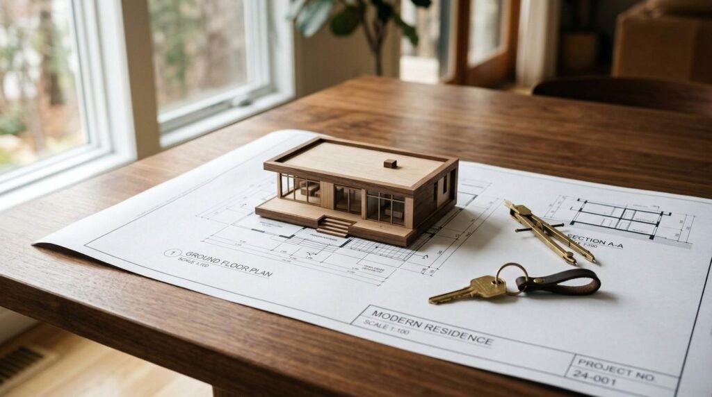Wooden architectural scale model of a modern house sitting on printed floor plan blueprints with house keys and a drafting compass on a wooden table