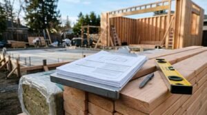 A metal clipboard with construction schematics, a pen, and a yellow torpedo level resting on a stack of lumber and insulation at a residential framing jobsite