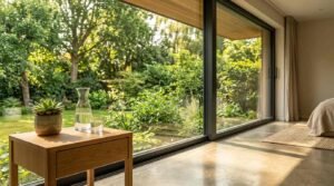 Large floor-to-ceiling glass sliding doors framing a lush green garden view from a modern interior featuring polished concrete floors, a small wooden side table with a potted succulent plant, and a glass water carafe.