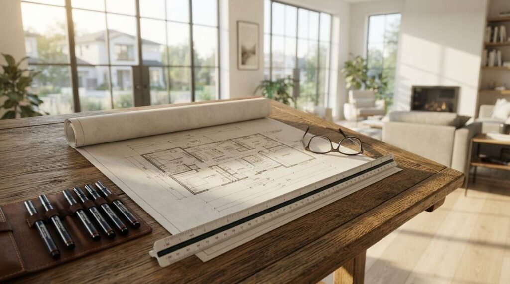 Architectural floor plan blueprints unrolled on a wooden drafting table, accompanied by a triangular scale ruler, a set of precision drafting pens in a leather case, and a pair of reading glasses, with a bright modern living room interior visible in the background.