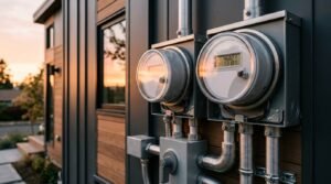 Two digital electric utility smart meters and metal conduit pipes mounted to the exterior wall of a modern residential home at sunset