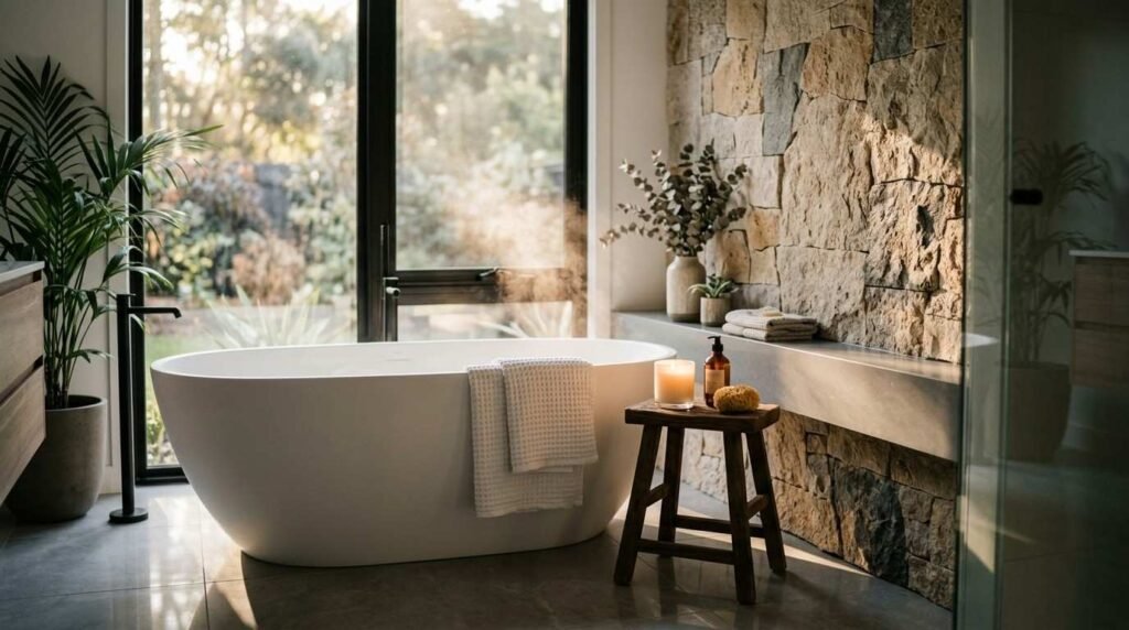 Freestanding white soaking tub in a spa-like bathroom with a natural stone feature wall and large floor-to-ceiling windows