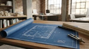A classic blue architectural blueprint of a compact bathroom layout unrolled on an oak office table alongside a triangular wooden scale ruler, drafting pen, and brass compass in a brick-walled studio