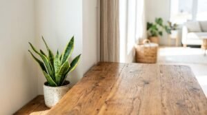 Potted snake plant in a ceramic planter resting on a rustic wooden tabletop next to a sunlit window