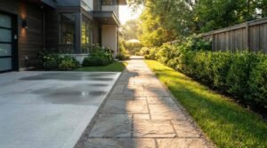 A natural stone paver walkway lined with manicured hedges and a wooden privacy fence running alongside a smooth concrete driveway and modern house exterior
