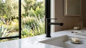 Matte black single-handle faucet mounted on a white quartz vanity countertop with water droplets next to an undermount sink and garden window
