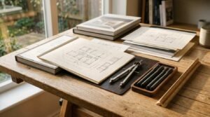 Hand-drawn architectural floor plan sketches in an open notebook on a wooden drafting desk with a compass, fine liner pens in a wooden tray, and a triangular scale ruler