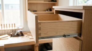 A close-up view of an open custom oak cabinet drawer displaying precision dovetail joinery and side-mounted metal ball-bearing drawer slides in a woodworking workshop