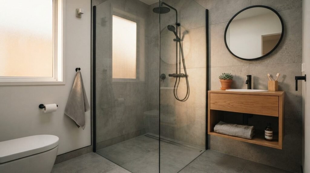 A contemporary bathroom featuring a curbless walk-in glass shower with matte black fixtures, gray large-format porcelain tile, a floating oak wood vanity, and a round black-framed mirror