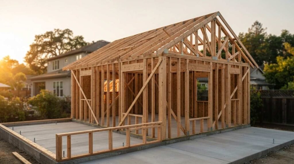 A timber house frame with roof trusses under construction on a concrete slab foundation during sunset in a residential backyard
