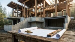 Rustic wooden table on a jobsite featuring rolled architectural blueprints, a brass plumb bob, and a wooden spirit level, with a custom timber-framed and concrete foundation residential home under construction in the background.