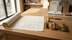 Architectural millwork blueprints unrolled on an oak table next to brushed brass door hardware, heavy-duty hinges, and an interior finish mood board featuring marble, wood, and fabric samples
