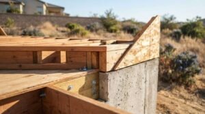 A wood-framed floor joist and sill plate assembly anchored with metal brackets and bolts onto a poured concrete stem wall foundation at an outdoor residential build site